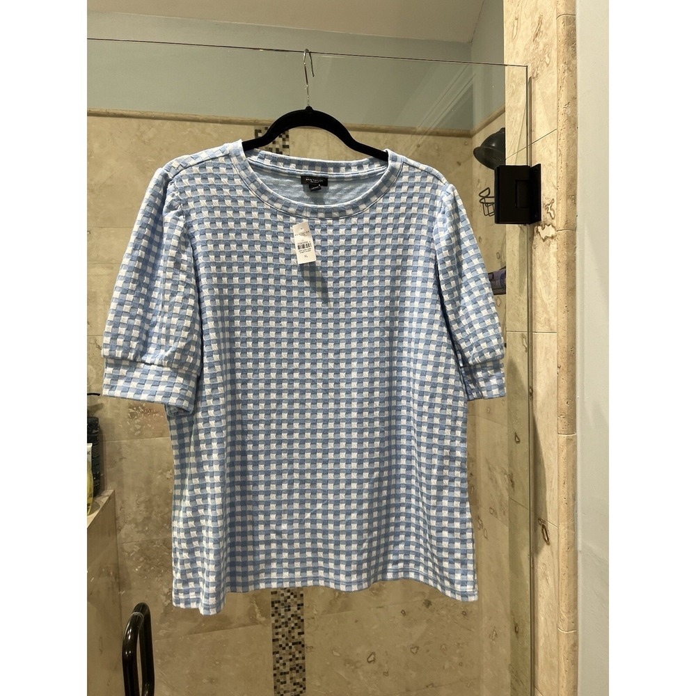 Ann Taylor Factory Women XL Gingham Blue White Short Sleeve Pullover Sweater NWT